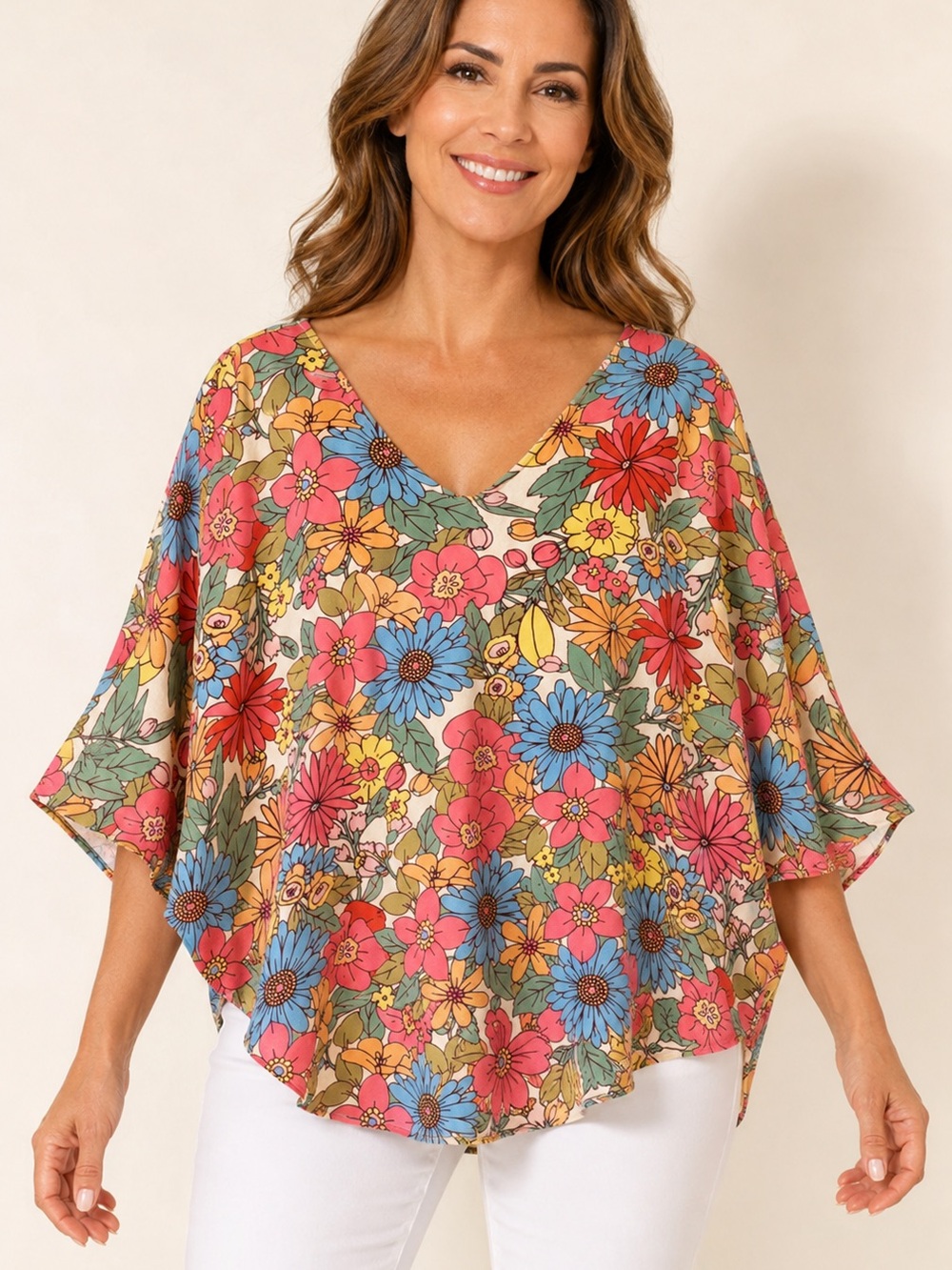 First Love Floral V-Neck Flowing Poncho Top - Blue, Pink, Yellow